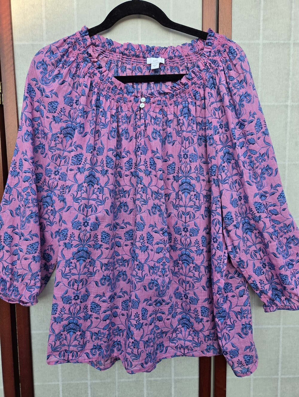 J.Jill Boho Chic Block Print Peasant Blouse Pink Blue Floral Smoked Neck Size XL
